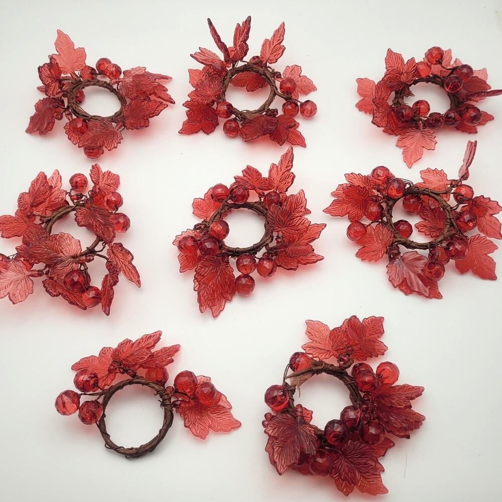 Vintage Red Beaded Napkin Rings Set of 8 Fall Leaf Berry Holiday Table Decor
